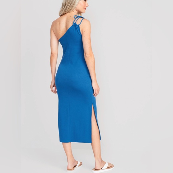 Blue One-Shoulder Rib-Knit Dress - Picture 2 of 6